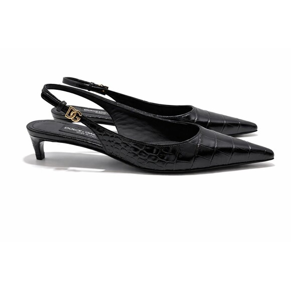 Dolce Gabbana Black Patent Croc Slingback Kitten Heel Pumps 38 US 8 DG Logo NIB - Picture 2 of 16